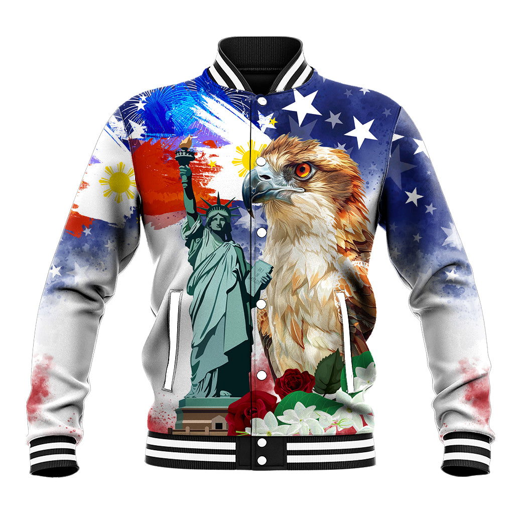 Philippines and American Together Baseball Jacket Filipino Eagle and Statue of Liberty - Wonder Print Shop