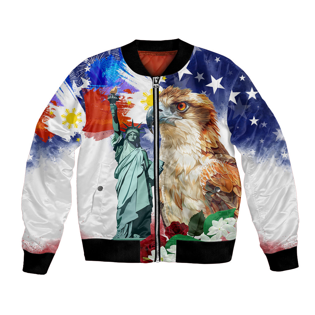 Unisex blue satin bomber jacket with eagle, Statue of Liberty, full-color front design