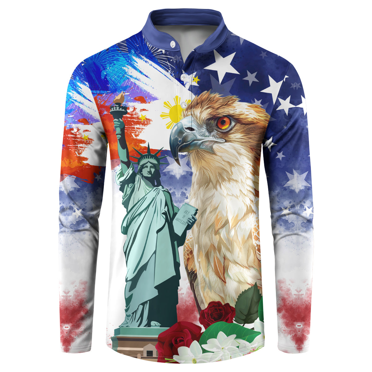 Blue button-front sweatshirt with eagle and Statue of Liberty graphic, long sleeves.