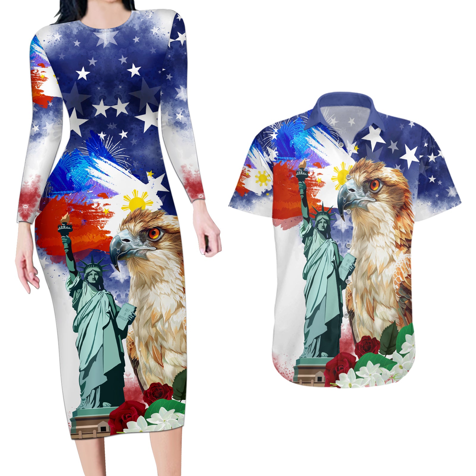 Philippines and American Together Couples Matching Long Sleeve Bodycon Dress and Hawaiian Shirt Filipino Eagle and Statue of Liberty - Wonder Print Shop