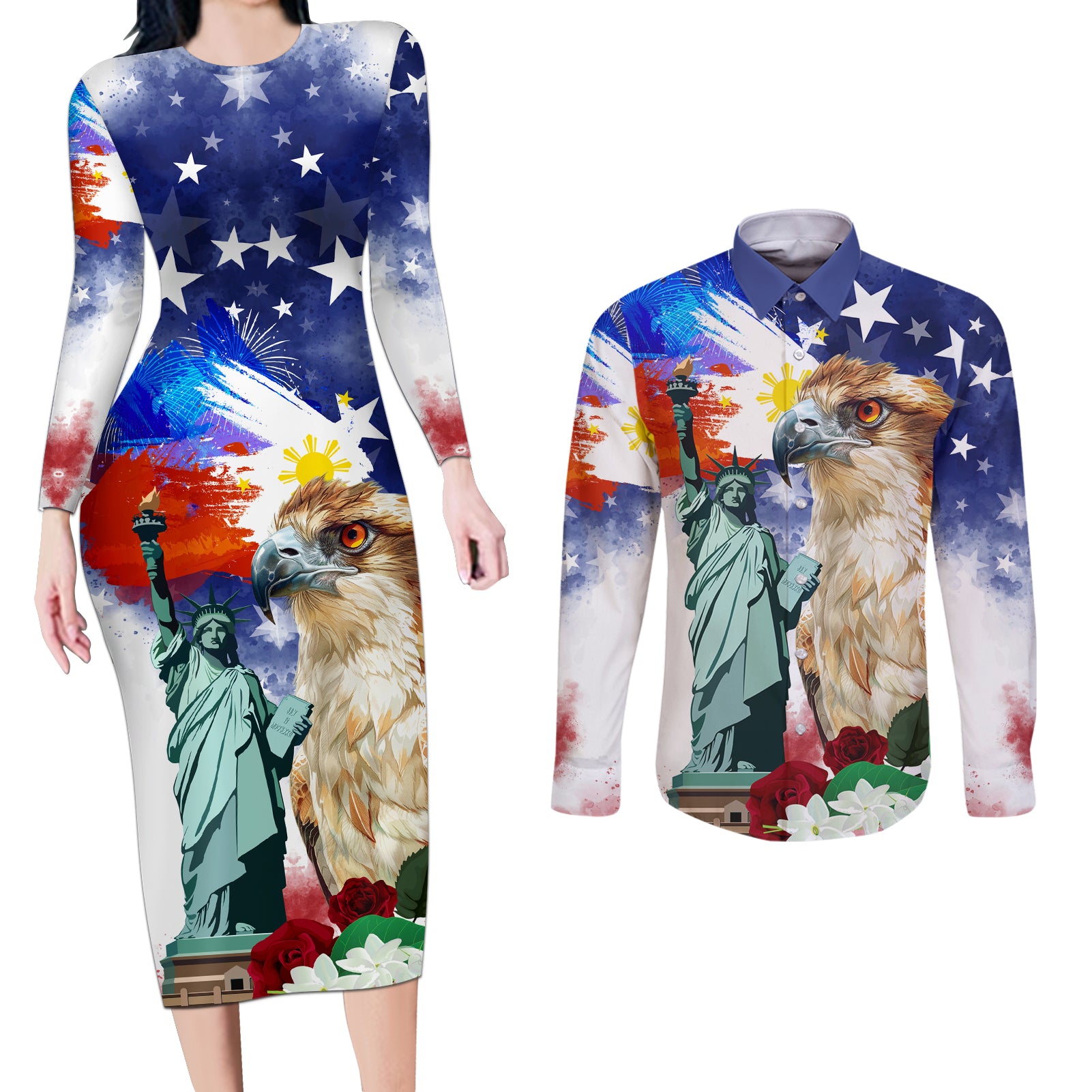 Philippines and American Together Couples Matching Long Sleeve Bodycon Dress and Long Sleeve Button Shirt Filipino Eagle and Statue of Liberty - Wonder Print Shop