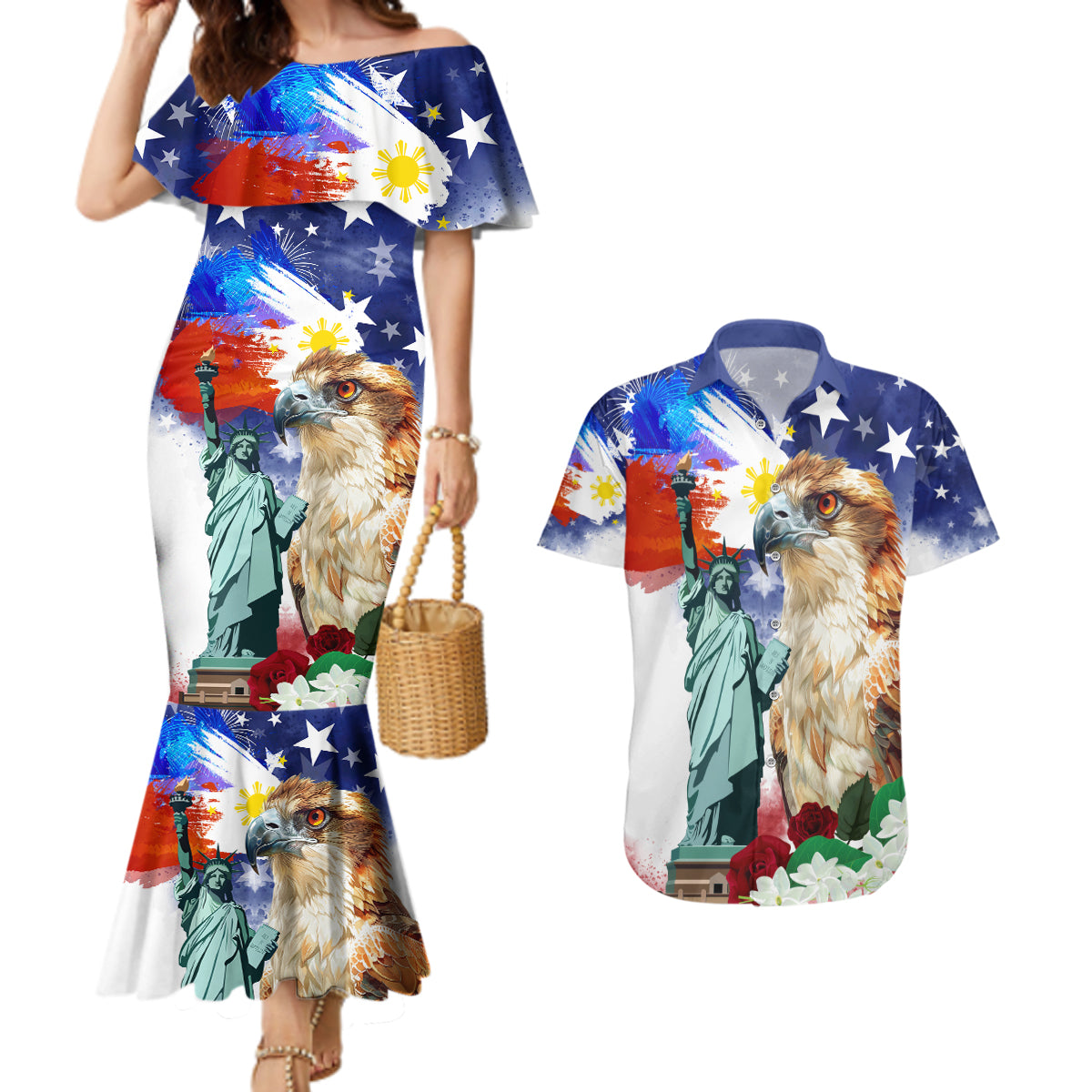 Philippines and American Together Couples Matching Mermaid Dress and Hawaiian Shirt Filipino Eagle and Statue of Liberty - Wonder Print Shop