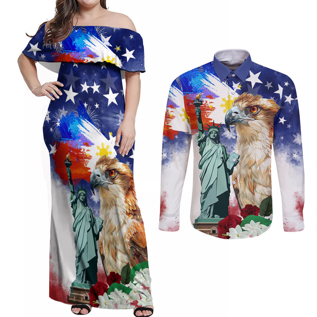 Philippines and American Together Couples Matching Off Shoulder Maxi Dress and Long Sleeve Button Shirt Filipino Eagle and Statue of Liberty - Wonder Print Shop