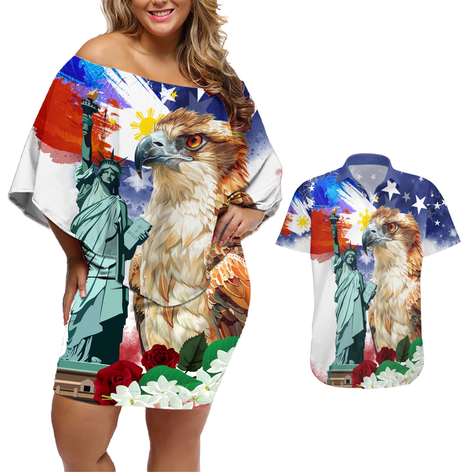 Philippines and American Together Couples Matching Off Shoulder Short Dress and Hawaiian Shirt Filipino Eagle and Statue of Liberty - Wonder Print Shop