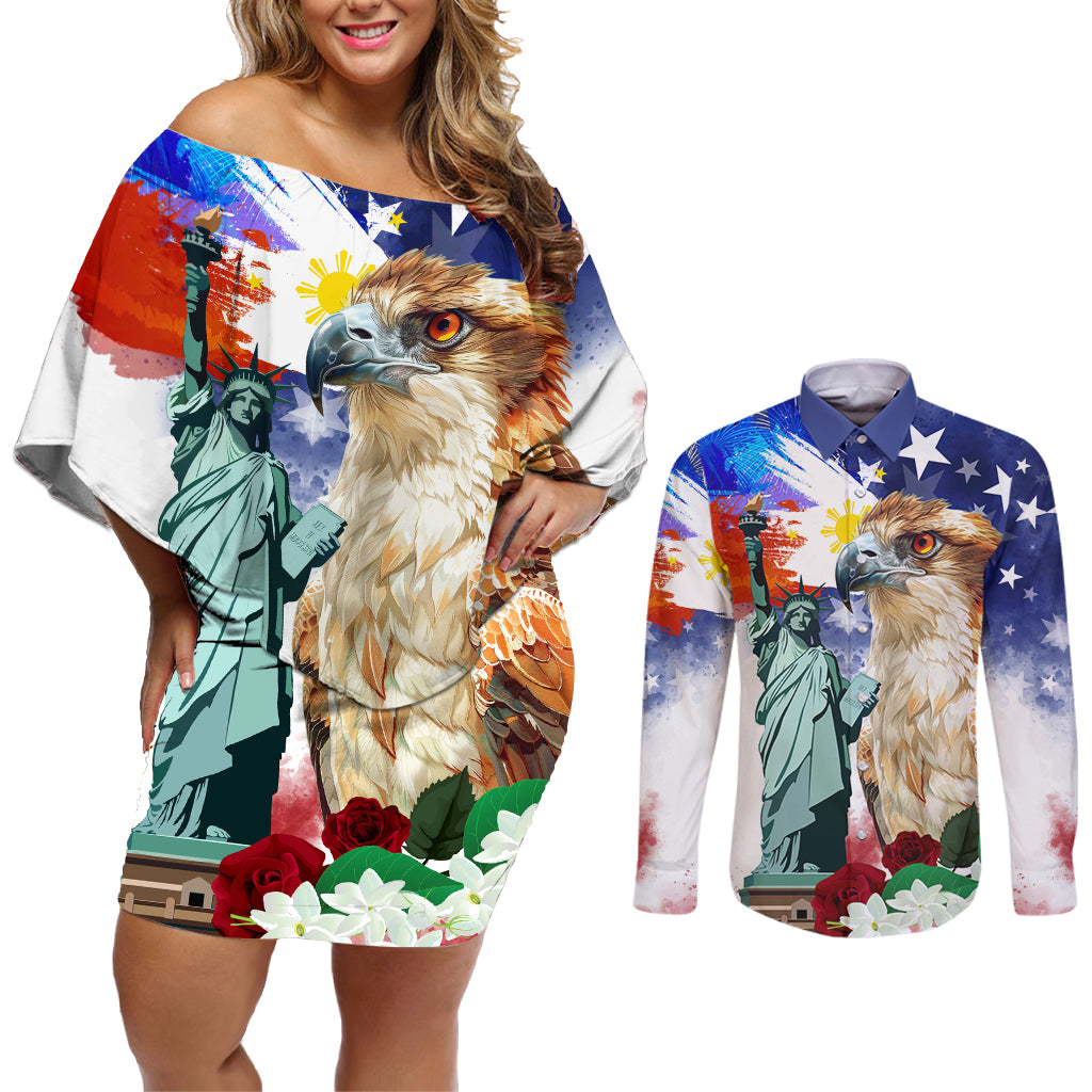 Philippines and American Together Couples Matching Off Shoulder Short Dress and Long Sleeve Button Shirt Filipino Eagle and Statue of Liberty - Wonder Print Shop