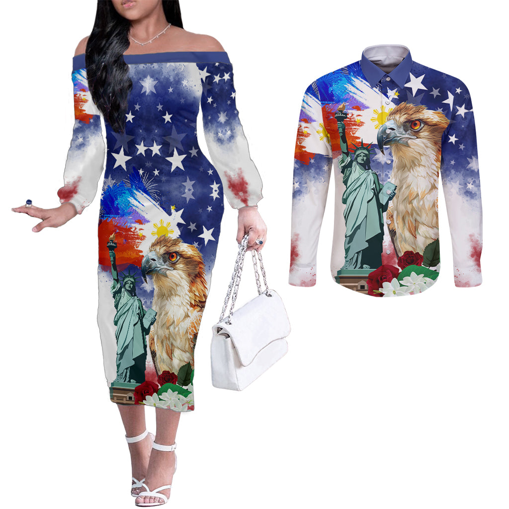 Philippines and American Together Couples Matching Off The Shoulder Long Sleeve Dress and Long Sleeve Button Shirt Filipino Eagle and Statue of Liberty