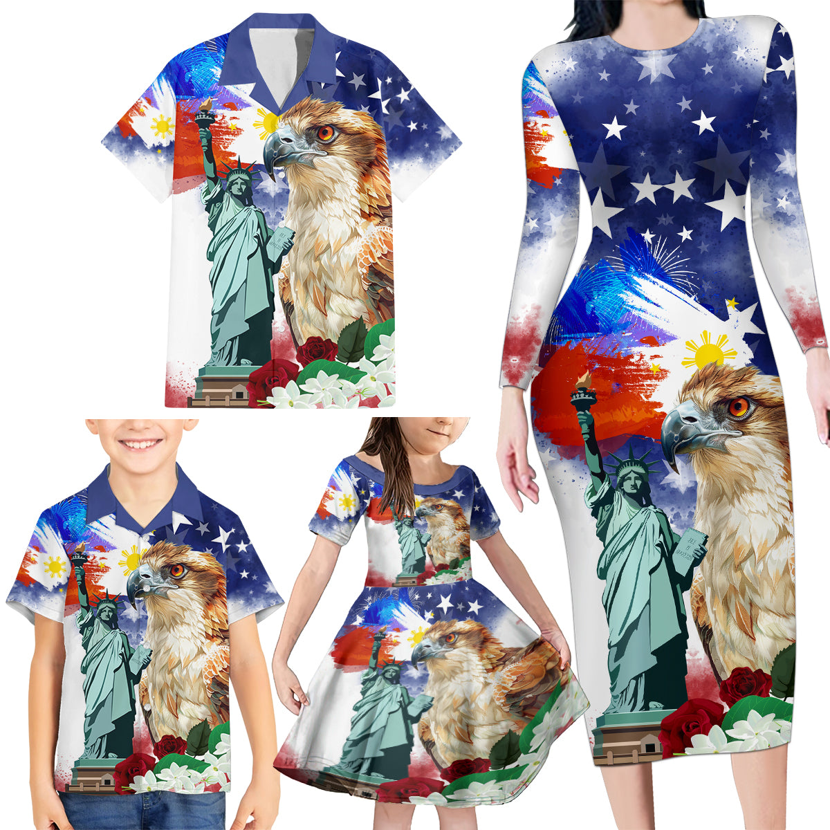 Philippines and American Together Family Matching Long Sleeve Bodycon Dress and Hawaiian Shirt Filipino Eagle and Statue of Liberty - Wonder Print Shop