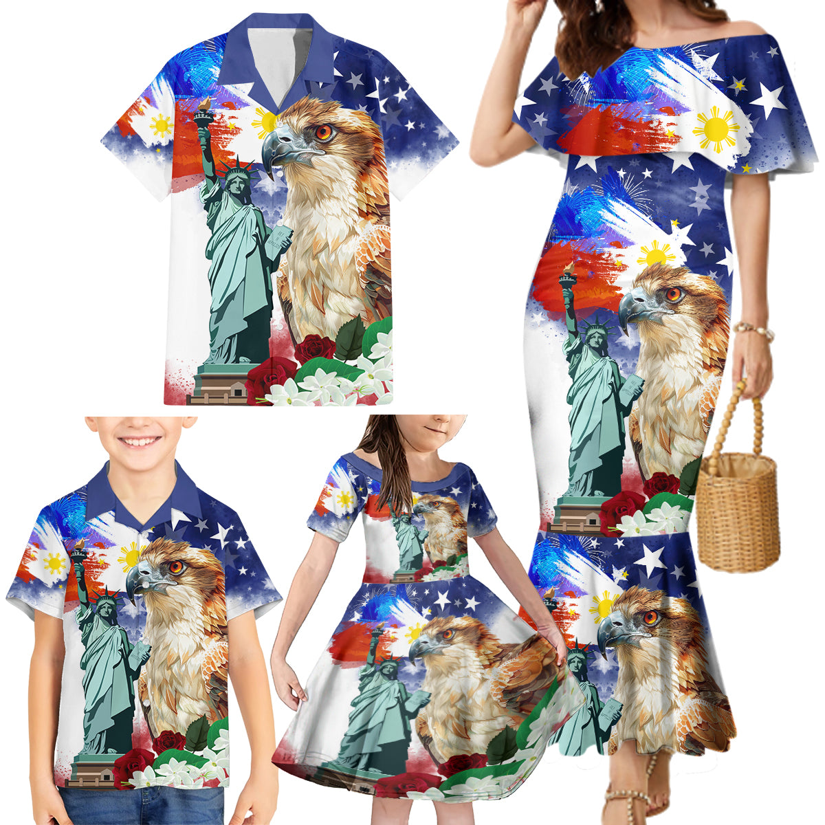 Philippines and American Together Family Matching Mermaid Dress and Hawaiian Shirt Filipino Eagle and Statue of Liberty - Wonder Print Shop