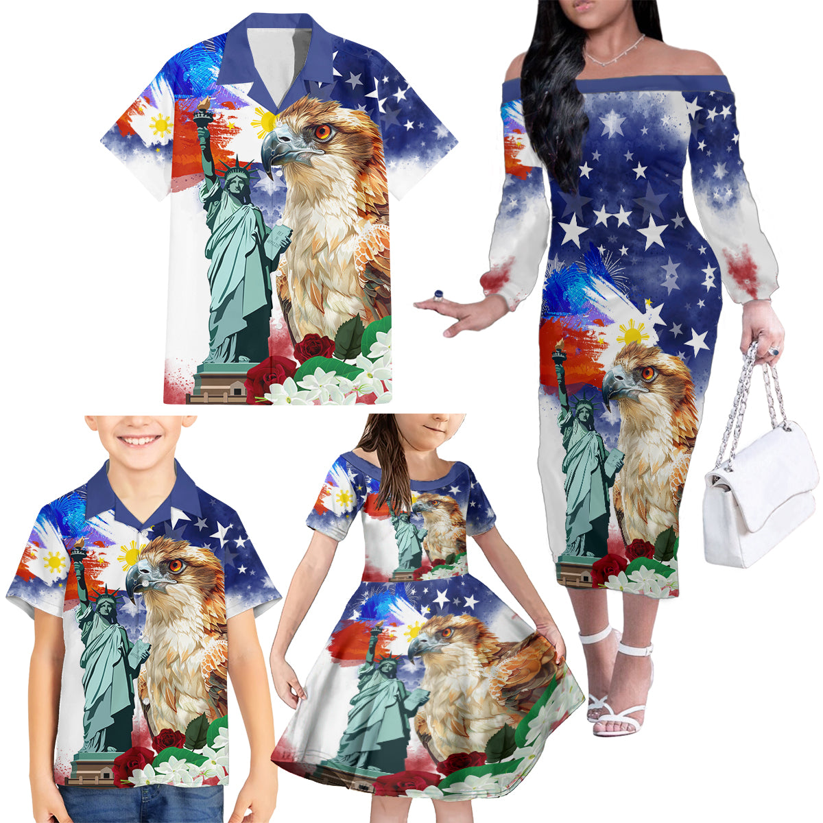 Philippines and American Together Family Matching Off The Shoulder Long Sleeve Dress and Hawaiian Shirt Filipino Eagle and Statue of Liberty - Wonder Print Shop