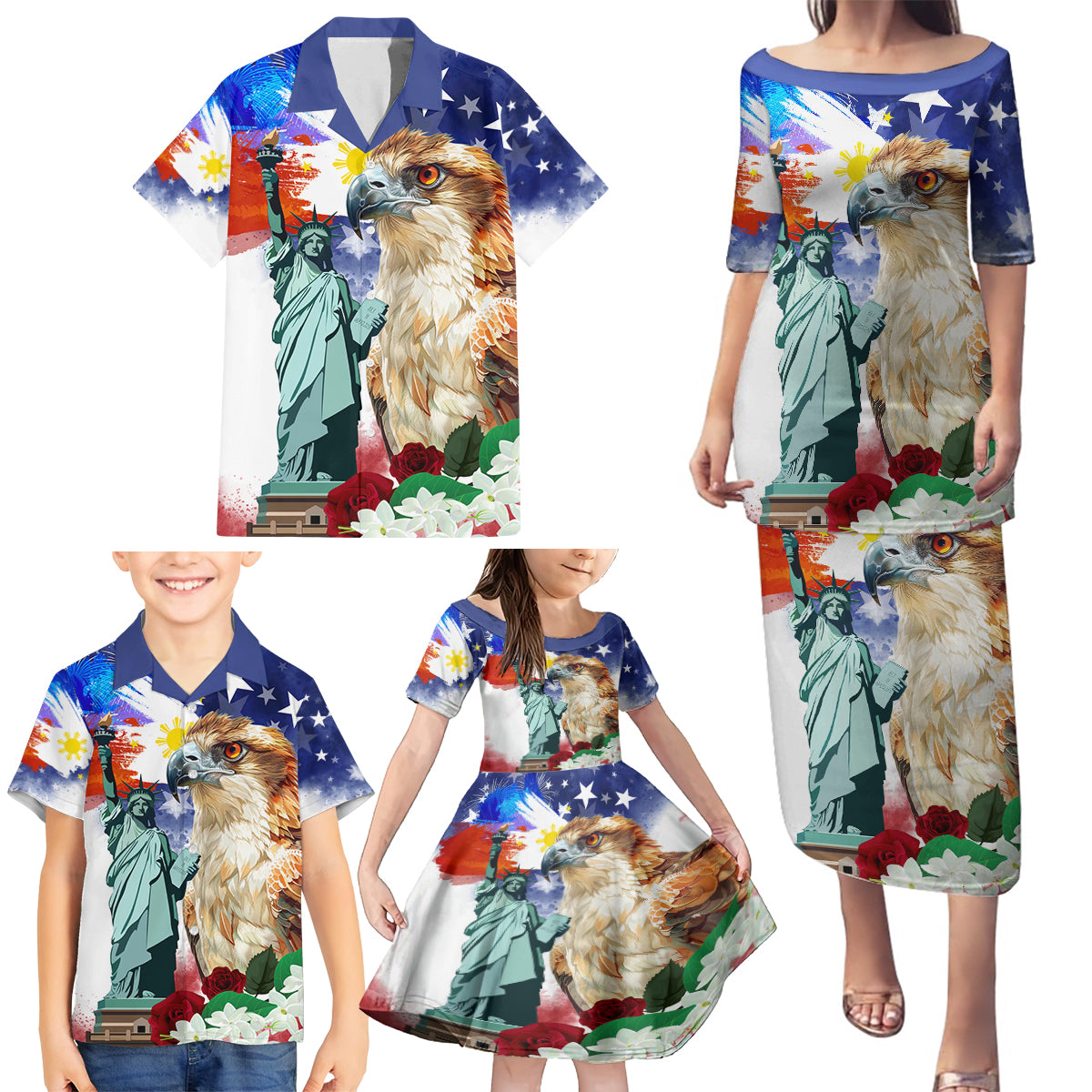 Philippines and American Together Family Matching Puletasi and Hawaiian Shirt Filipino Eagle and Statue of Liberty - Wonder Print Shop