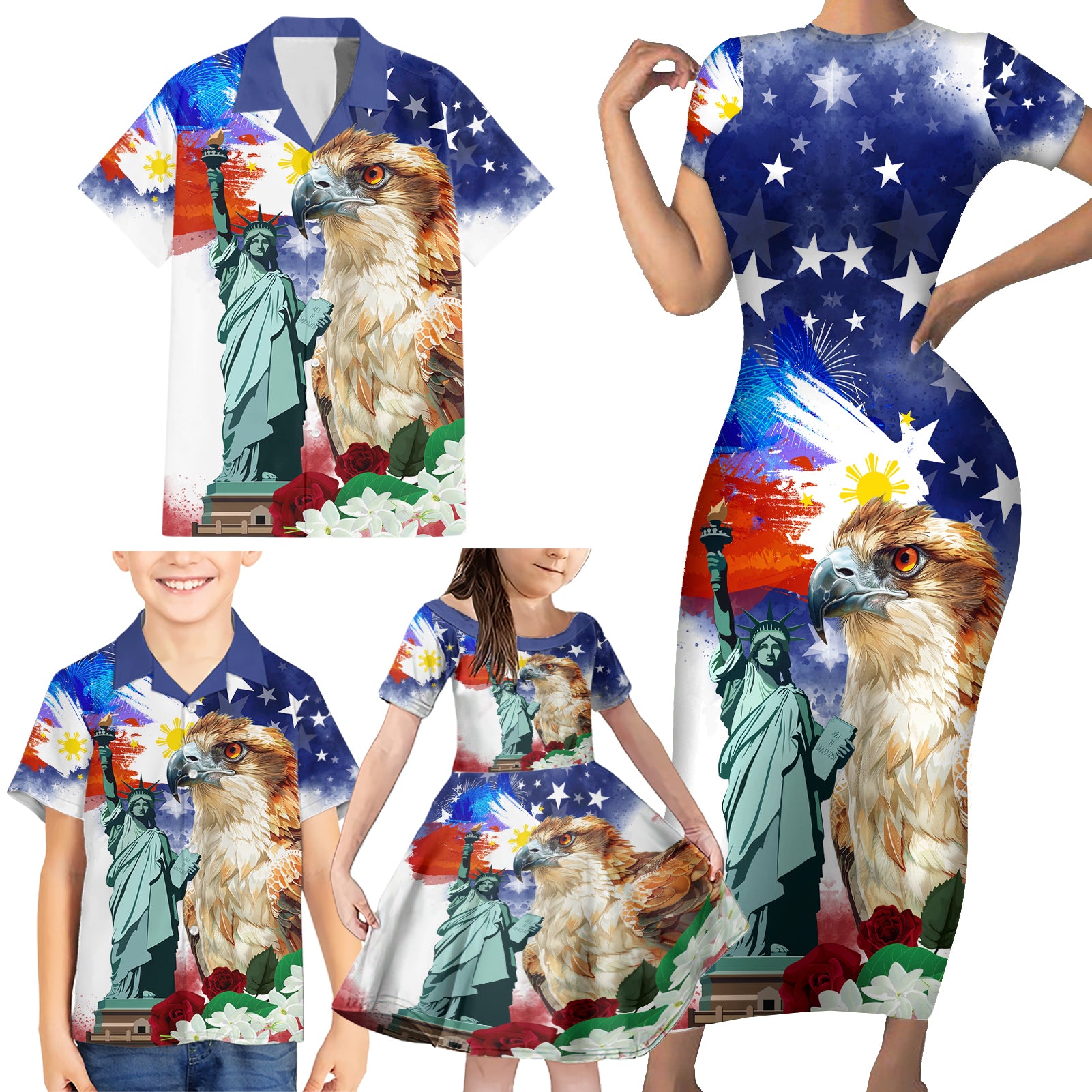 Philippines and American Together Family Matching Short Sleeve Bodycon Dress and Hawaiian Shirt Filipino Eagle and Statue of Liberty - Wonder Print Shop