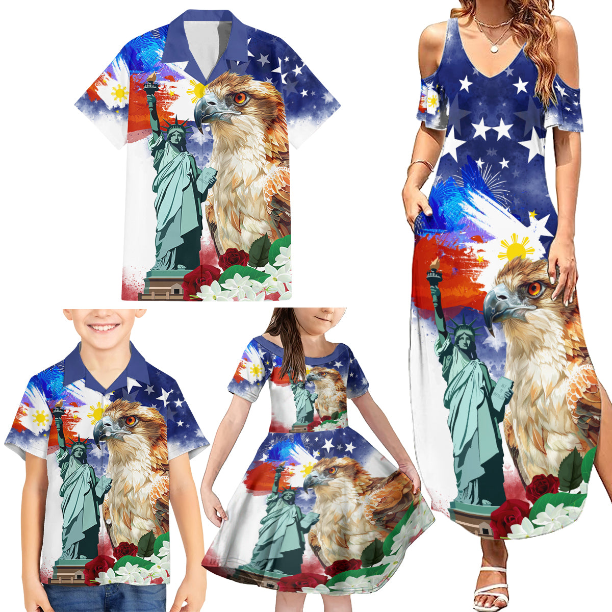 Philippines and American Together Family Matching Summer Maxi Dress and Hawaiian Shirt Filipino Eagle and Statue of Liberty - Wonder Print Shop