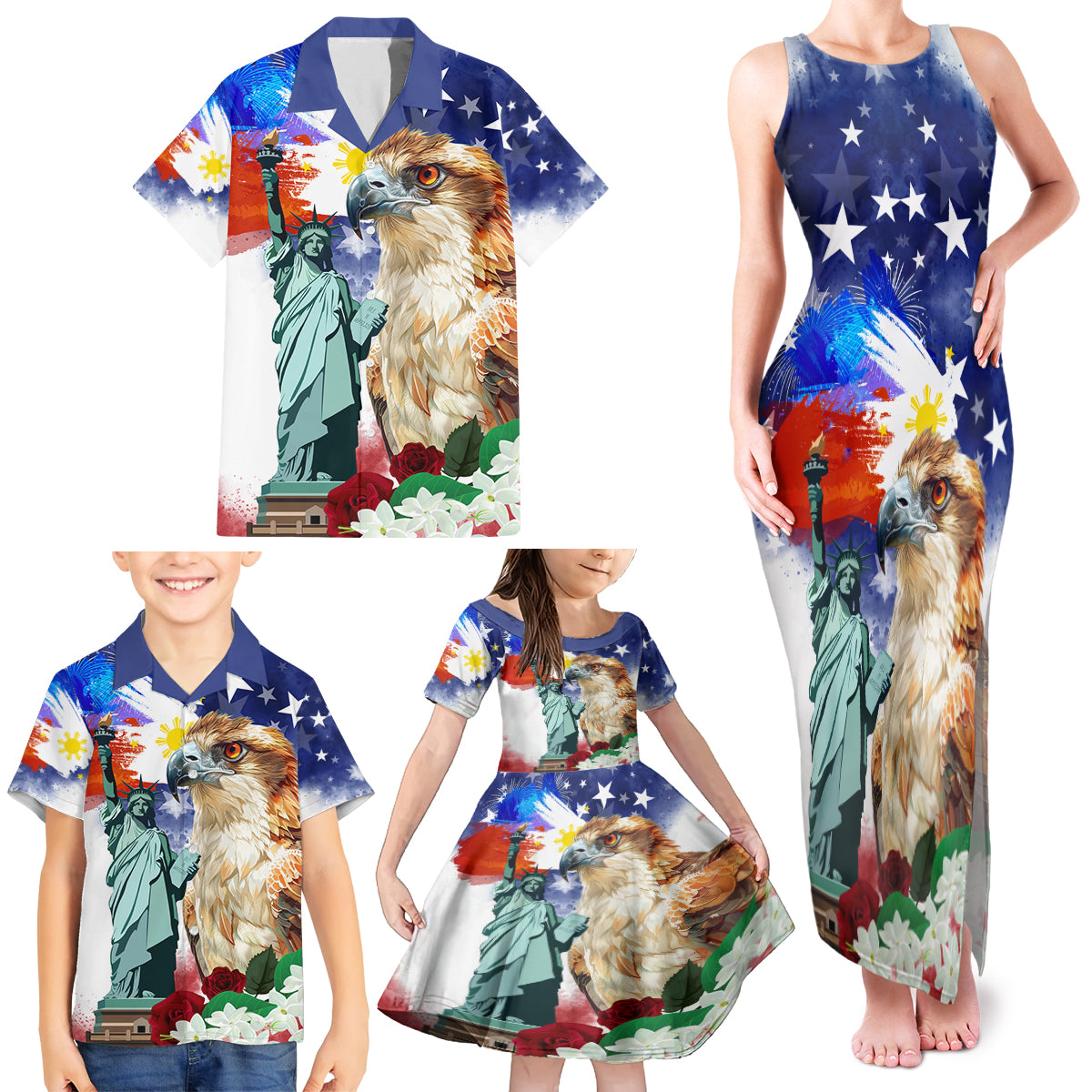 Philippines and American Together Family Matching Tank Maxi Dress and Hawaiian Shirt Filipino Eagle and Statue of Liberty - Wonder Print Shop