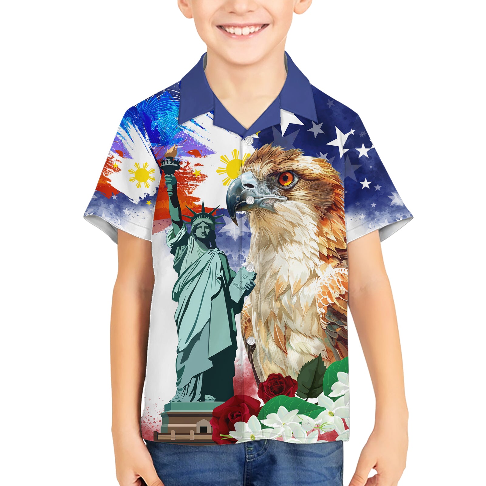 Philippines and American Together Kid Hawaiian Shirt Filipino Eagle and Statue of Liberty - Wonder Print Shop