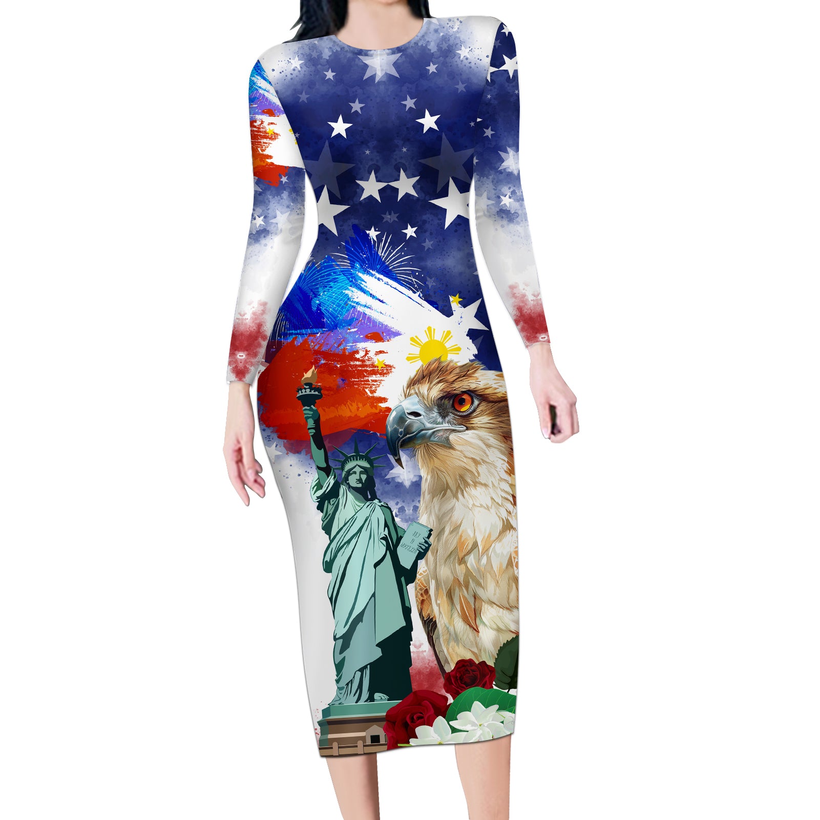 Philippines and American Together Long Sleeve Bodycon Dress Filipino Eagle and Statue of Liberty - Wonder Print Shop