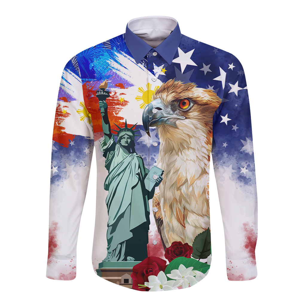 Blue long sleeve button shirt with eagle and Statue of Liberty graphic