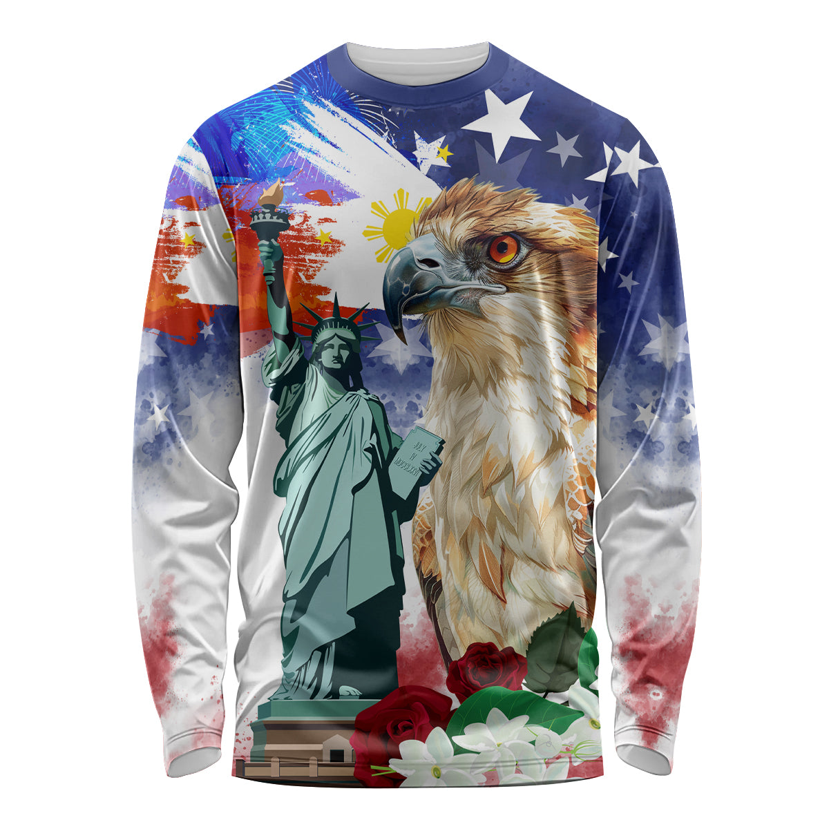 Philippines and American Together Long Sleeve Shirt Filipino Eagle and Statue of Liberty - Wonder Print Shop