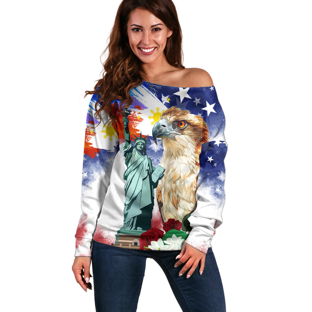 Philippines and American Together Off Shoulder Sweater Filipino Eagle and Statue of Liberty - Wonder Print Shop