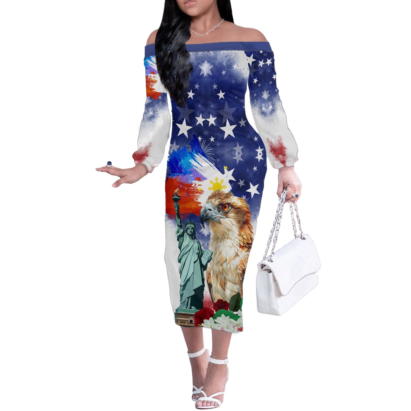 Philippines and American Together Off The Shoulder Long Sleeve Dress Filipino Eagle and Statue of Liberty - Wonder Print Shop