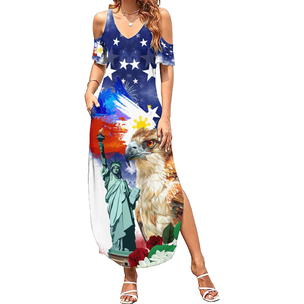 Philippines and American Together Summer Maxi Dress Filipino Eagle and Statue of Liberty