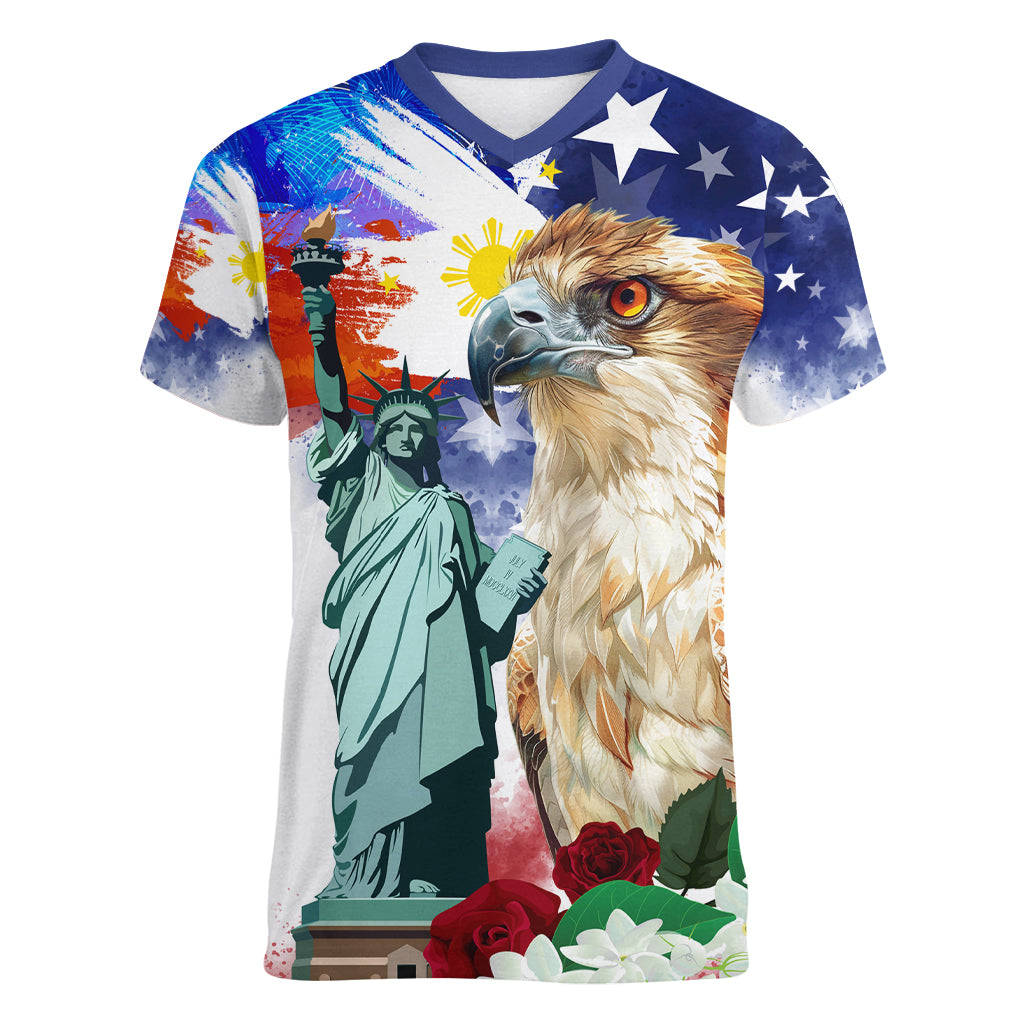 Philippines and American Together Women V-Neck T-Shirt Filipino Eagle and Statue of Liberty