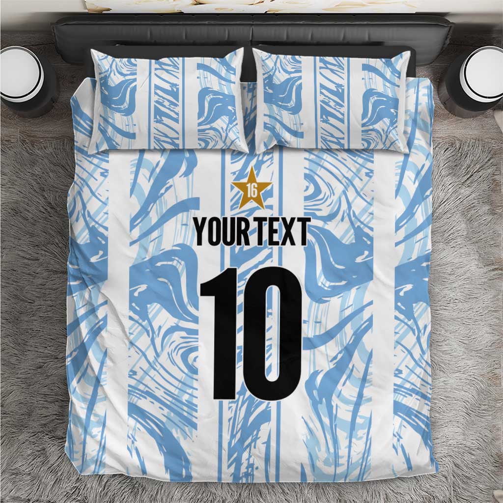 Blue and white comforter set with custom text "YOUR TEXT" and large "10" panel.