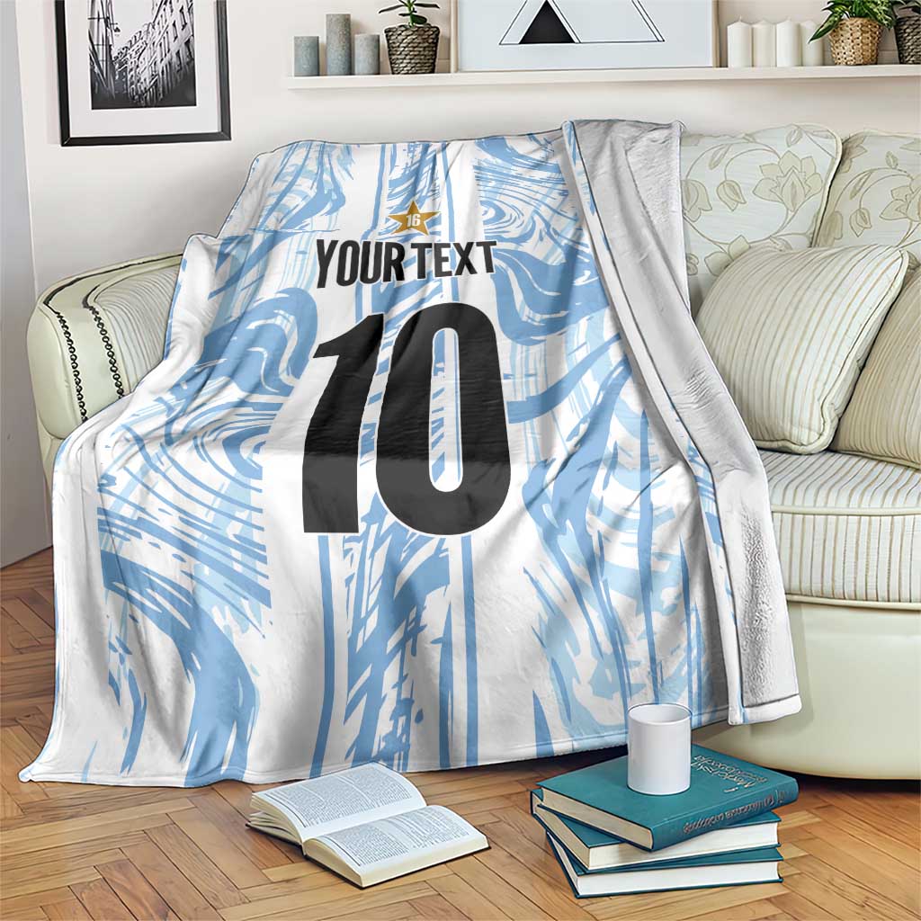 Light blue and white football blanket with large black number 10 and YOURTEXT