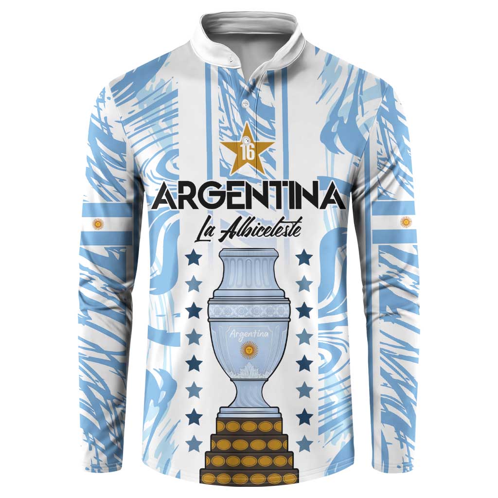 Argentina La Albiceleste button sweatshirt in white and light blue, trophy front graphic