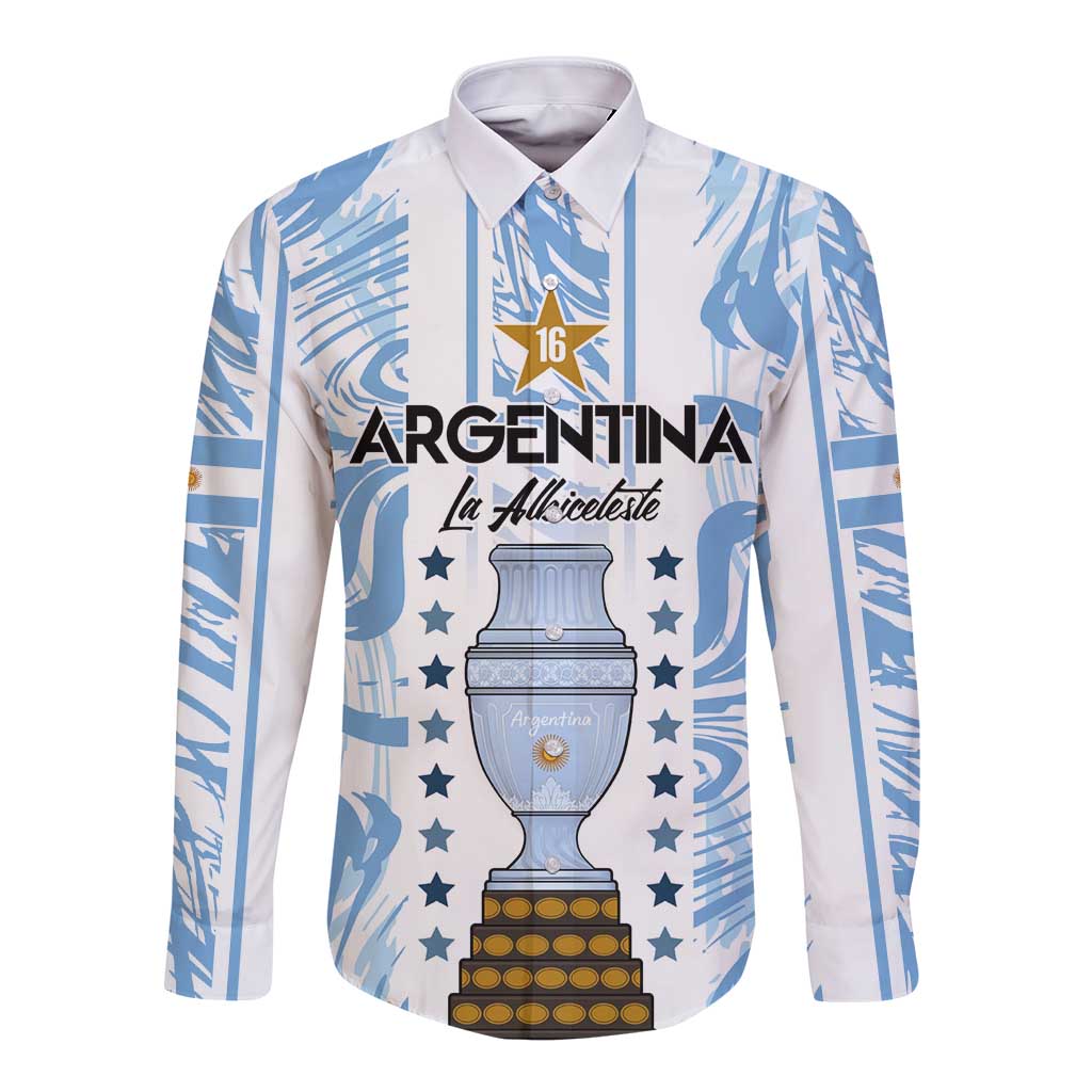 White long sleeve button football shirt with blue Argentina graphic and trophy badge