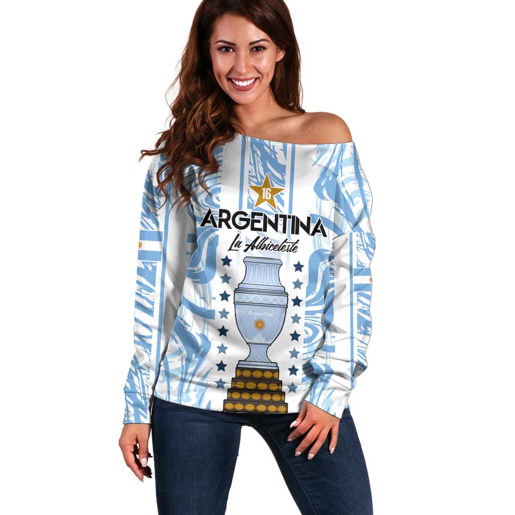 Custom Argentina Champion Football 2024 Off Shoulder Sweater La Albiceleste Campeon de America - Wonder Print Shop