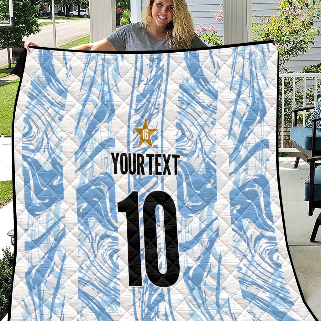 Light blue and white football quilt with black number 10 and custom text