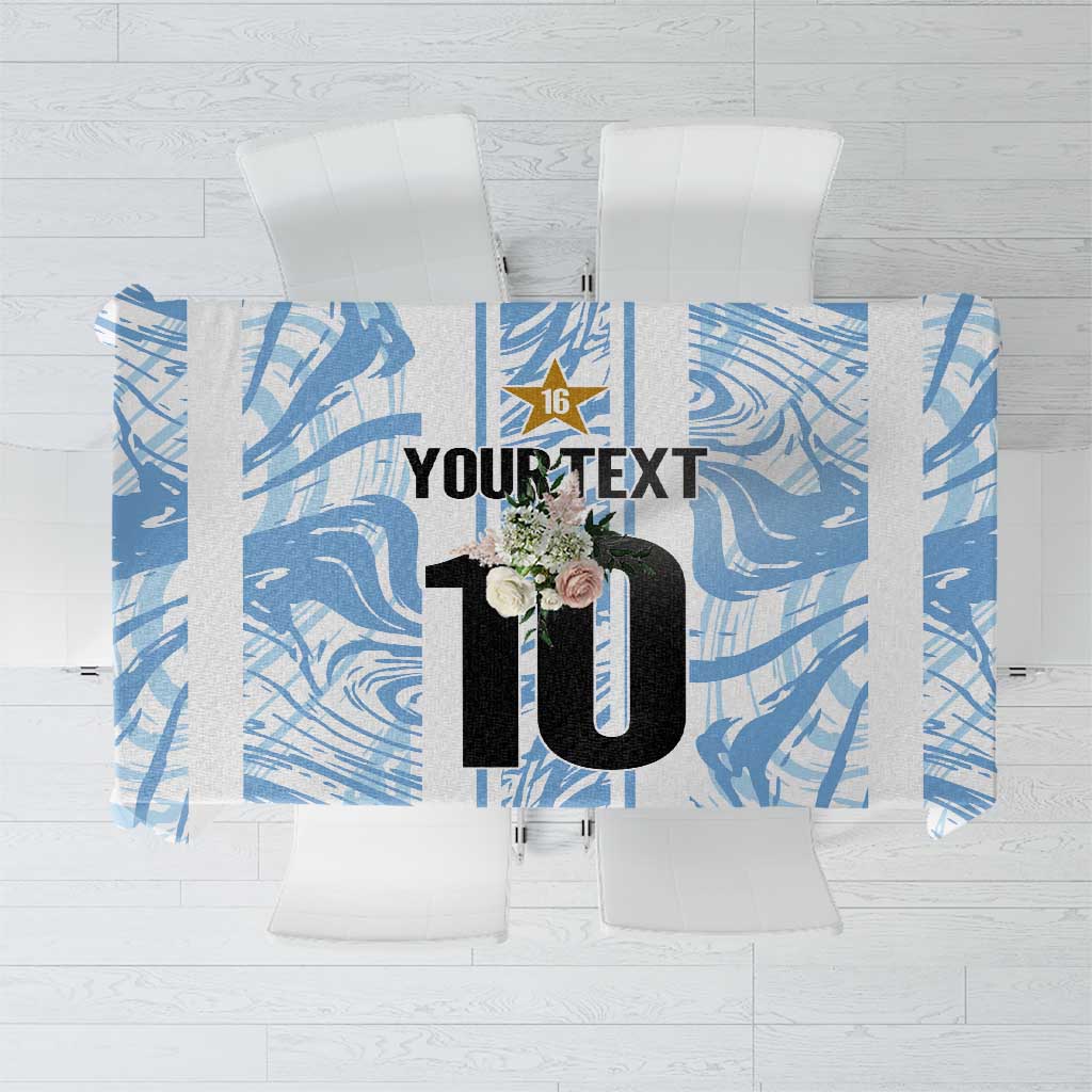 Blue and white tablecloth with football-themed '10' graphic and swirl pattern