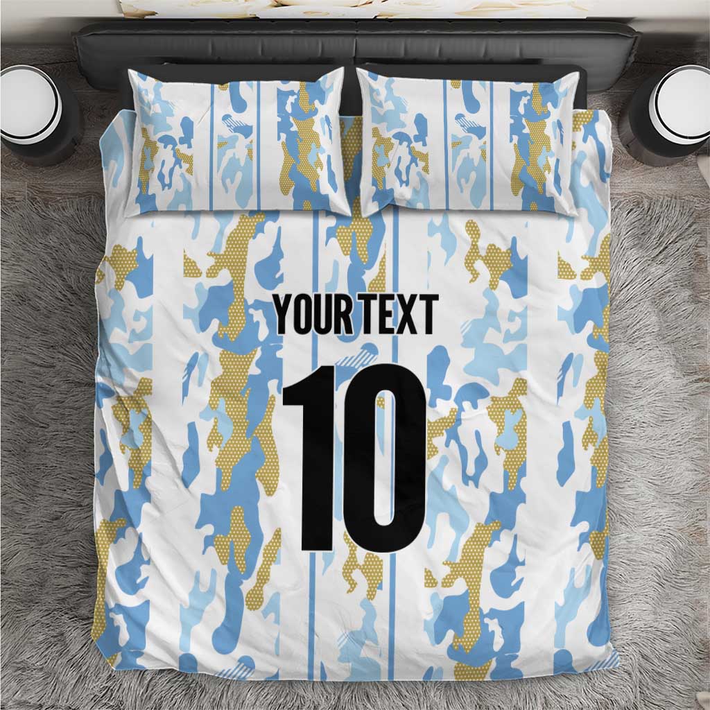 Argentina football bedding set in light blue camo with yellow accents, 'YOUR TEXT' and #10