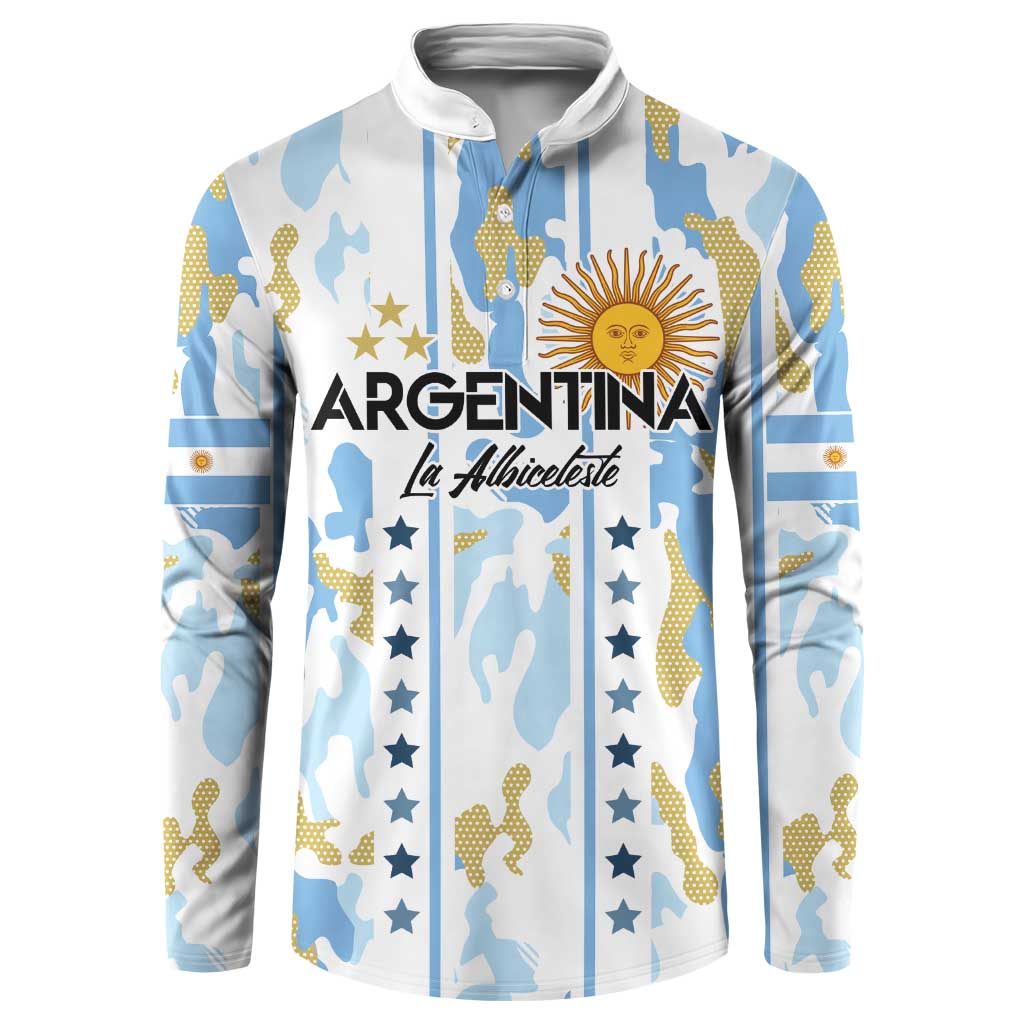 Light blue camouflage football sweatshirt with button placket and Argentina crest front