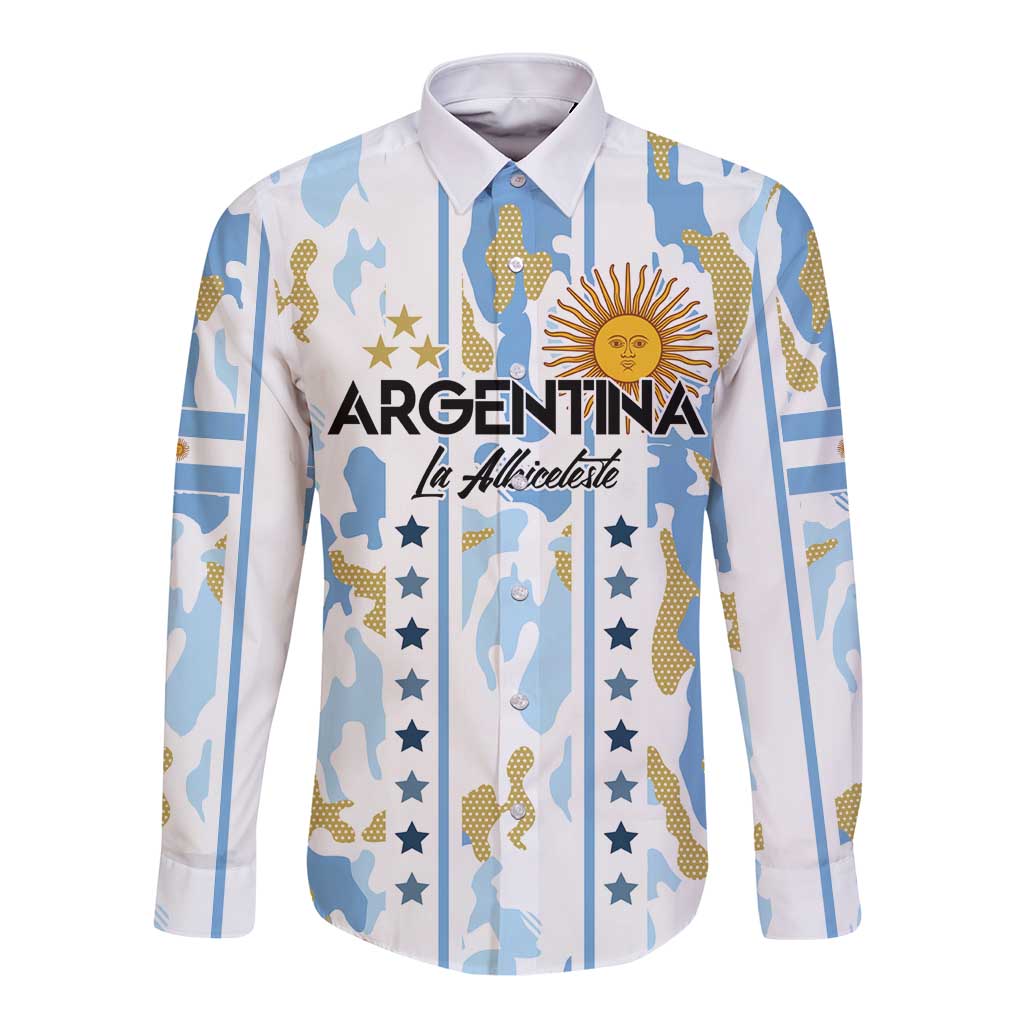 Argentina football button-down, long sleeve, blue camo pattern with sun crest
