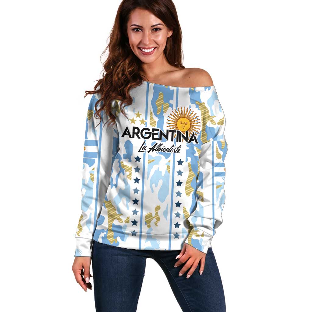 Custom Argentina Football Off Shoulder Sweater Vamos La Albiceleste Camouflage Style - Wonder Print Shop