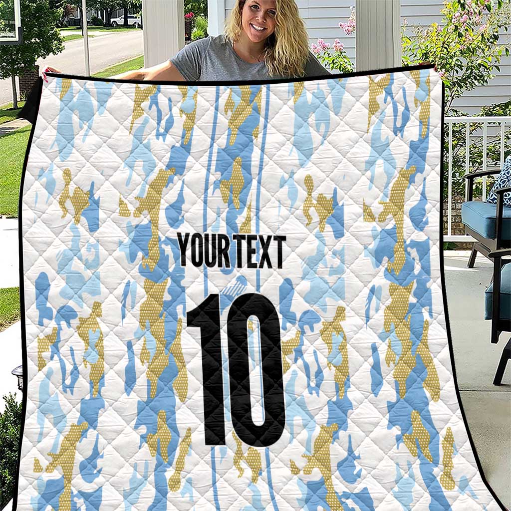 Football quilt close-up, light blue and gold camouflage, number 10, YOURTEXT