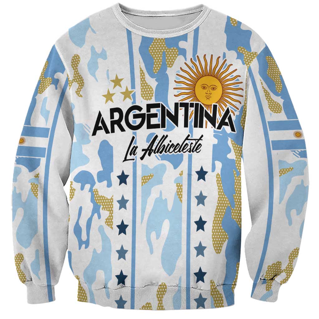 Custom football sweatshirt with Argentina crest, sun emblem, and blue/yellow camouflage print