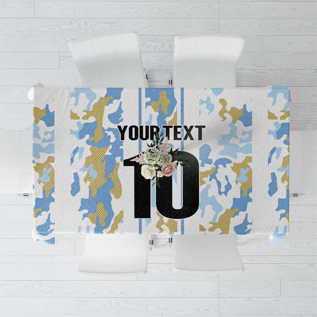 Custom camouflage tablecloth with blue and yellow pattern and large number 10
