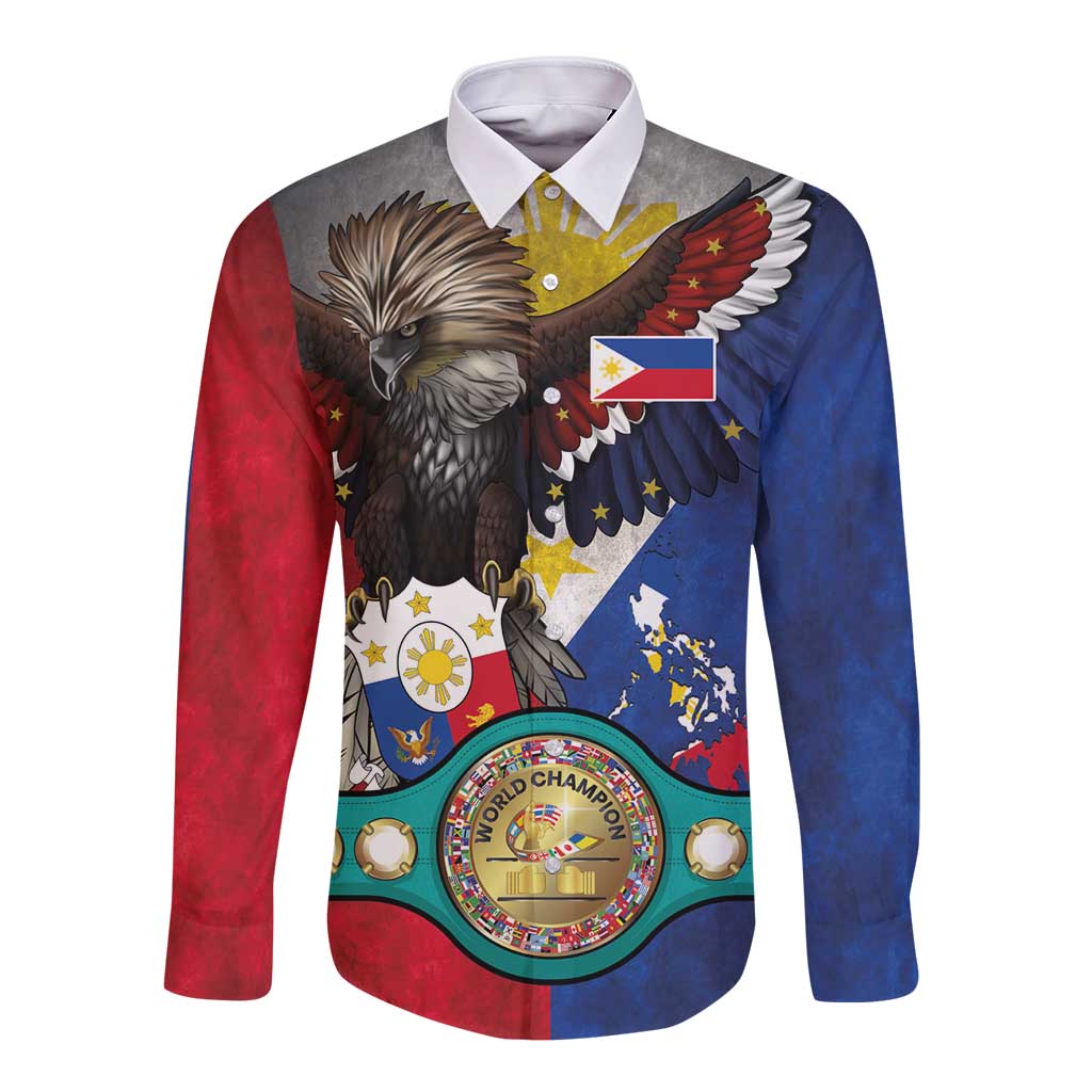 Custom Philippines World Champion Boxing Long Sleeve Button Shirt Eagle-Grunge Design - Wonder Print Shop
