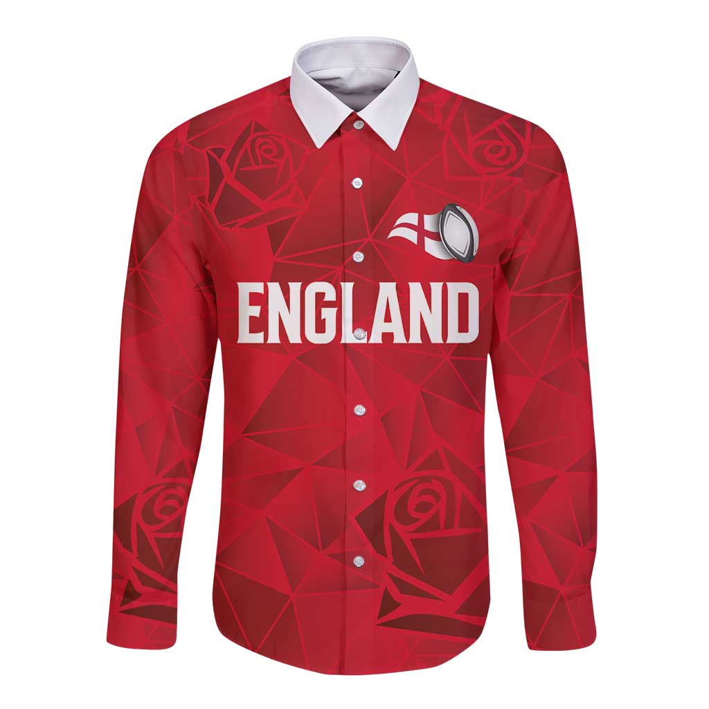 Custom England Rugby Long Sleeve Button Shirt Roses Geometric Sport