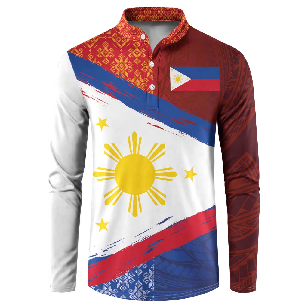 Long-sleeve button sweatshirt with Philippines flag, red, blue, and white print