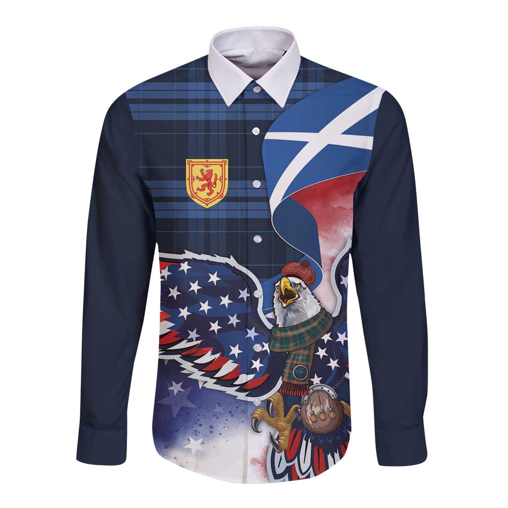Scottish-American Heritage Month Long Sleeve Button Shirt USA Eagle with Scottish Traditional Costume