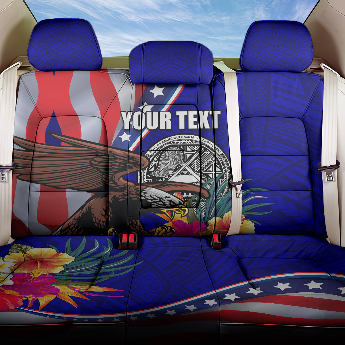 Personalised American Samoa and United States Back Car Seat Cover Bald Eagle and Seal Hibiscus Polynesian Pattern - Wonder Print Shop