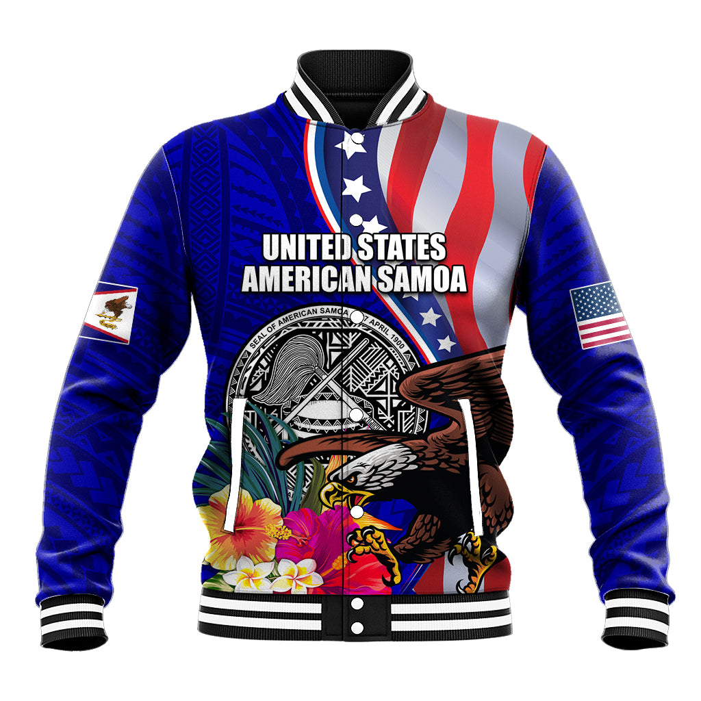 Personalised American Samoa and United States Baseball Jacket Bald Eagle and Seal Hibiscus Polynesian Pattern - Wonder Print Shop