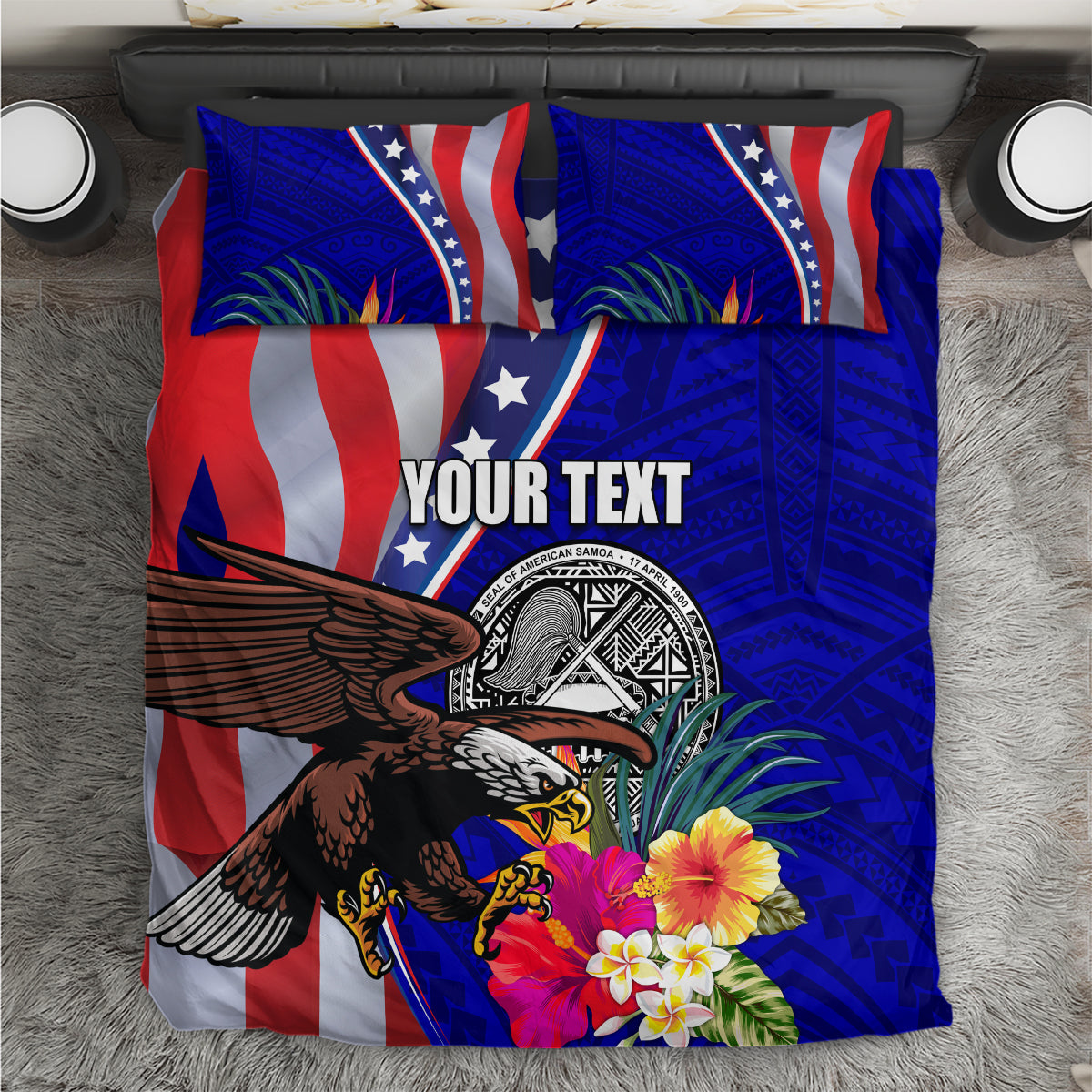 Personalized blue duvet and pillow set with American flag stripes, eagle artwork, and 'Your Text'.
