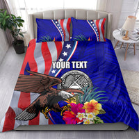 Personalized blue bedding set featuring American flag, eagle design, hibiscus flowers, and 'Your Text'.
