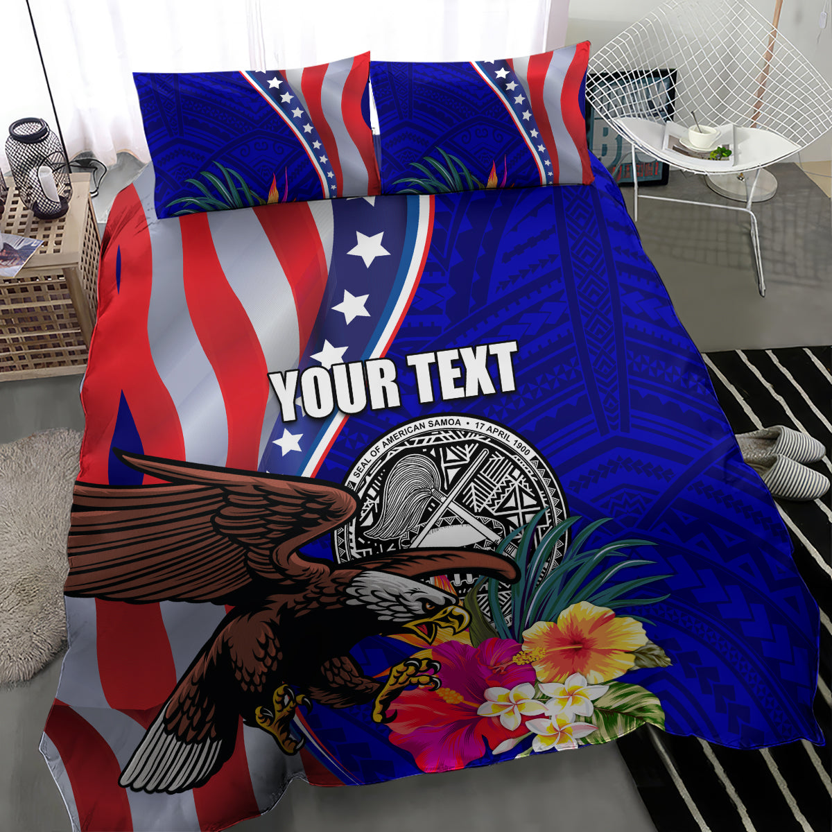 Personalized blue duvet cover and pillows with American flag, eagle center graphic, and 'Your Text'.