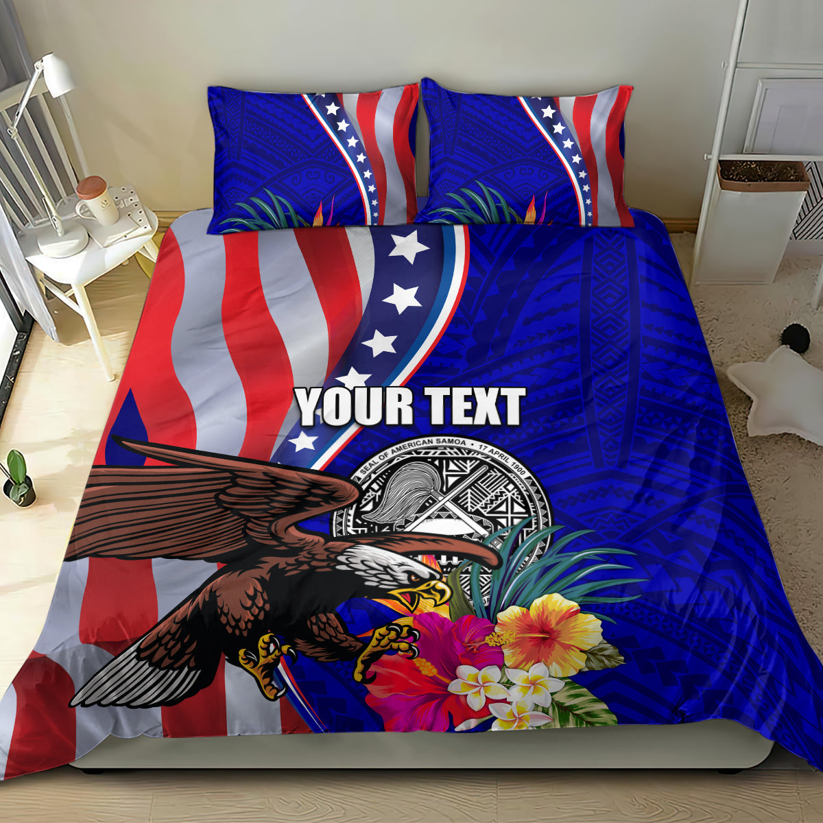 Personalized blue bedding set with American flag print, eagle and hibiscus flowers, plus 'Your Text'.