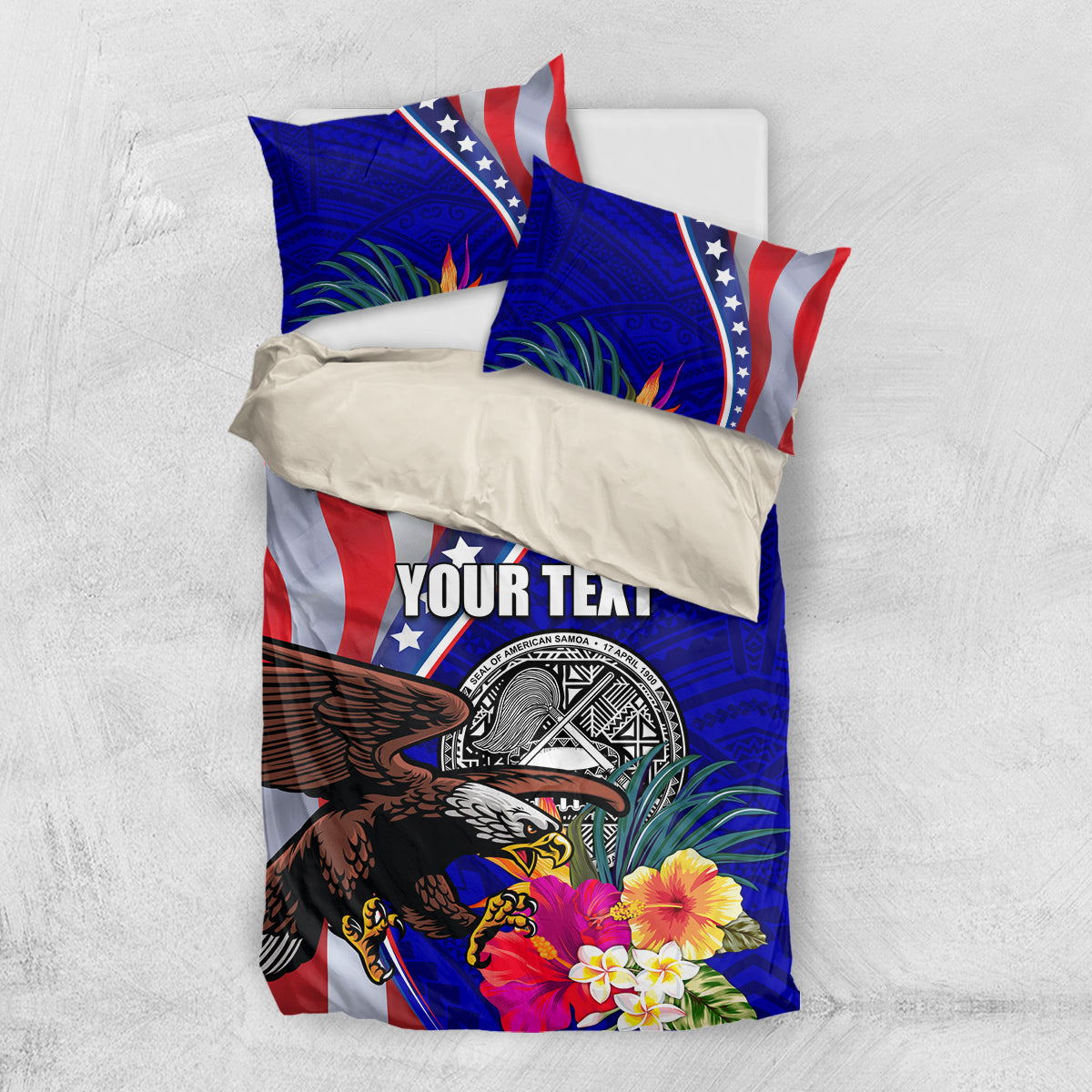 Personalized blue bedding set with American flag, eagle, hibiscus flowers, and 'Your Text'.